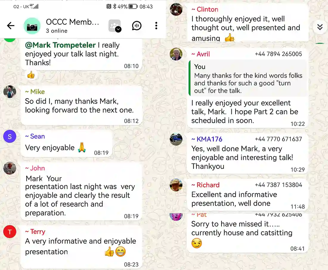 Whats App feedback comments on the Art, Photography & Meaning Talk