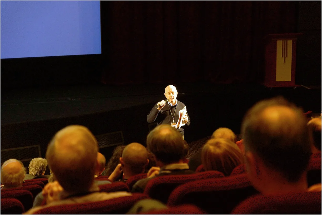 Mark Trompeteler speaking to a cinema audience